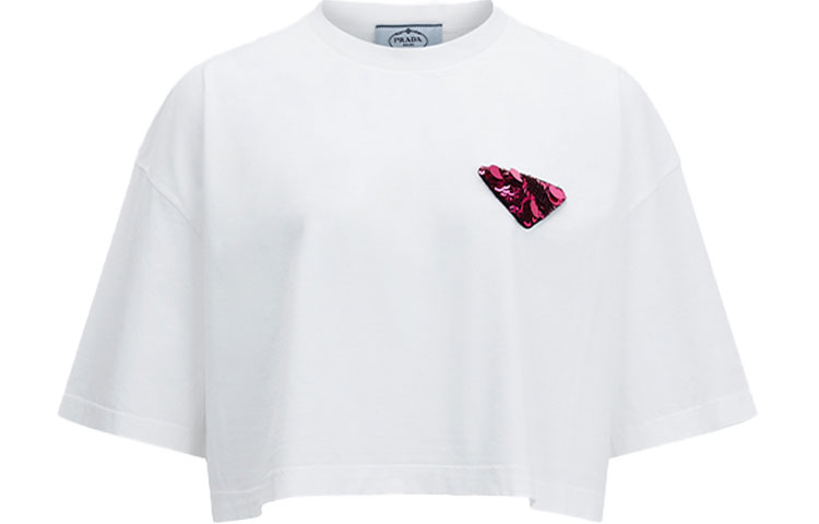 Order (W) 프라다 화이트 스팽글 장식 크롭 니트 반팔 탑 3560AR-1ZVO-F0JUJ-S-212