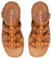 Shop PRADA 普拉達 小牛皮編織 女款 涼鞋 棕色