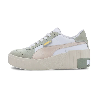 (W) Puma Cali Wedge Social Thick Sole Shoes White/Green/Pink