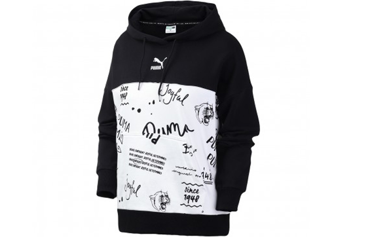(Women) Puma Classics AOP Logo Retro Hoodie Black with Drawstring and Color Block 595910-52