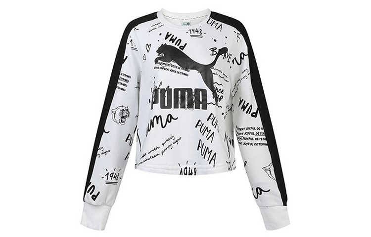 (Women) Puma Classics Logo AOP Crew Knit Sweatshirt White 595214-52
