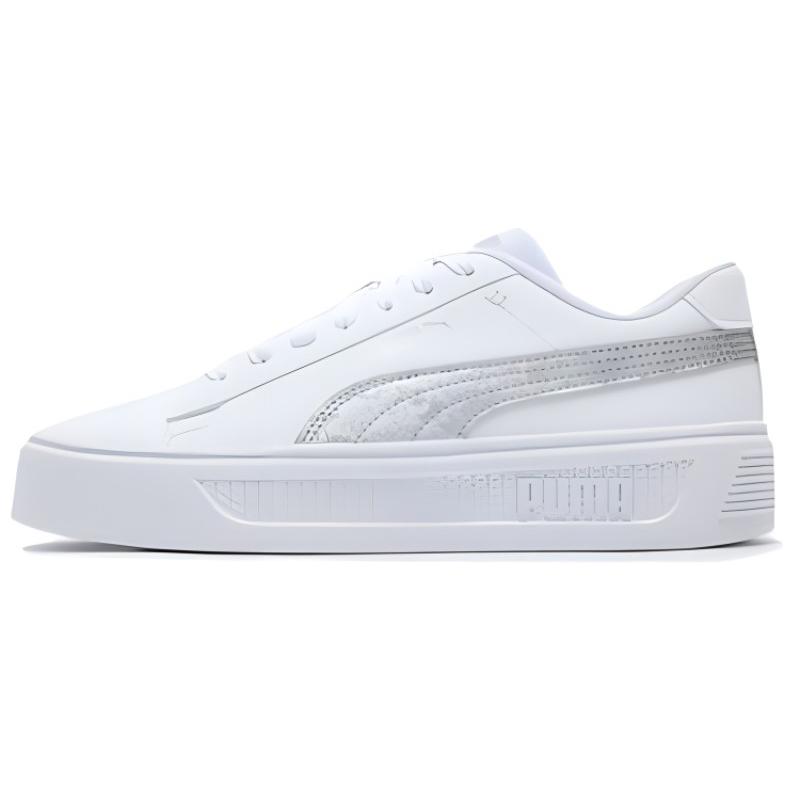 (Women) Puma Low-Top Skate Shoes Silver White - Non-Slip & Shock-Absorbing. 389402-02