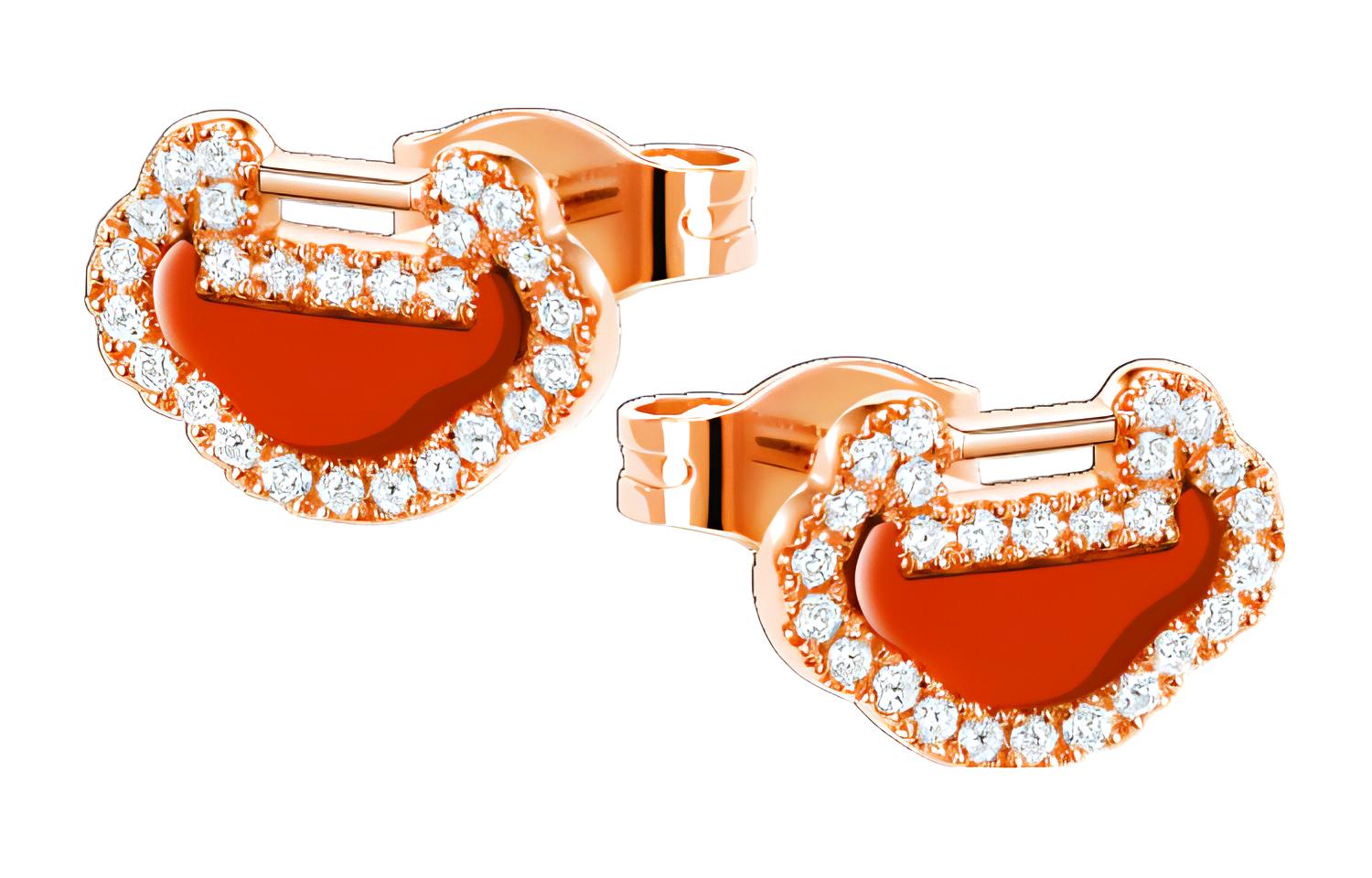 (Women) Qeelin Petite Yu Yi 18K Rose Gold Diamond & Red Agate  Jewelry. YY-ERSD0003B-RGDRA