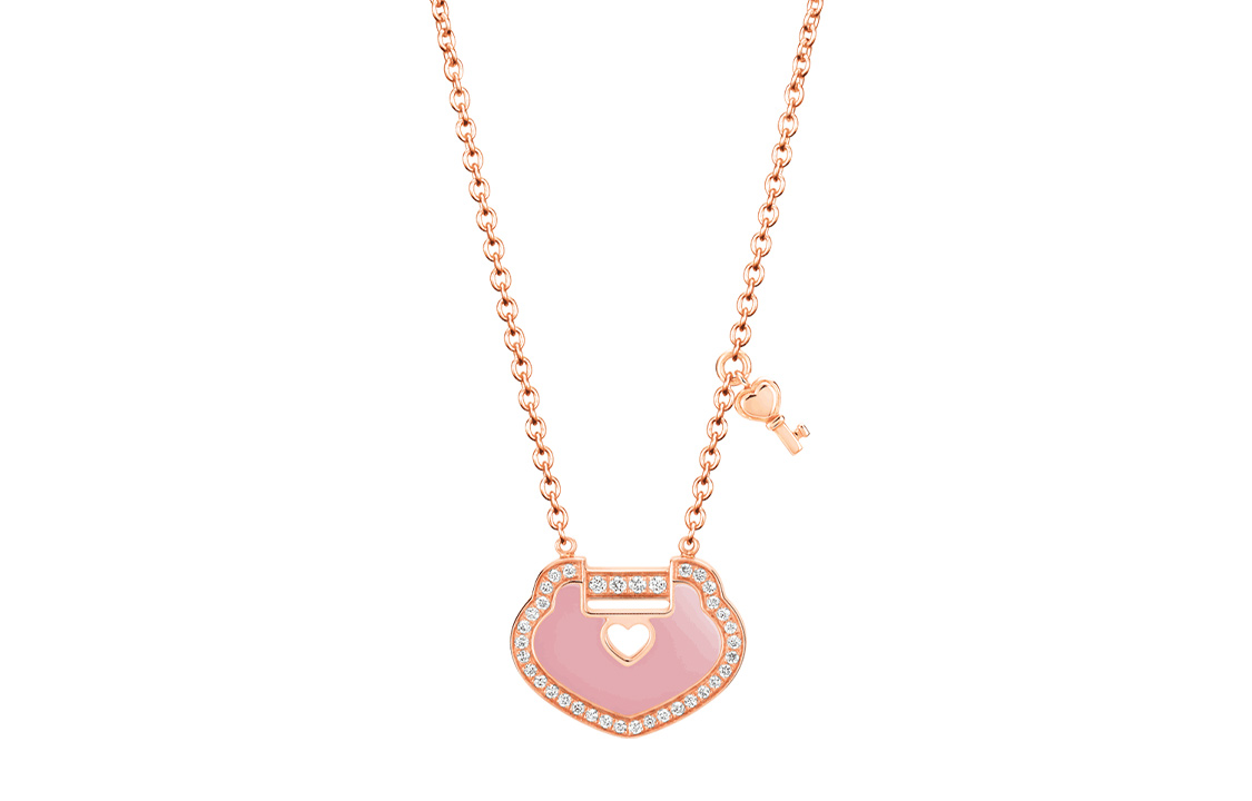 (Women) Qeelin Yu Yi 18K Rose Gold Diamond Pink Opal Pendant Necklace for Women. YYL-040-NL-RGDPO