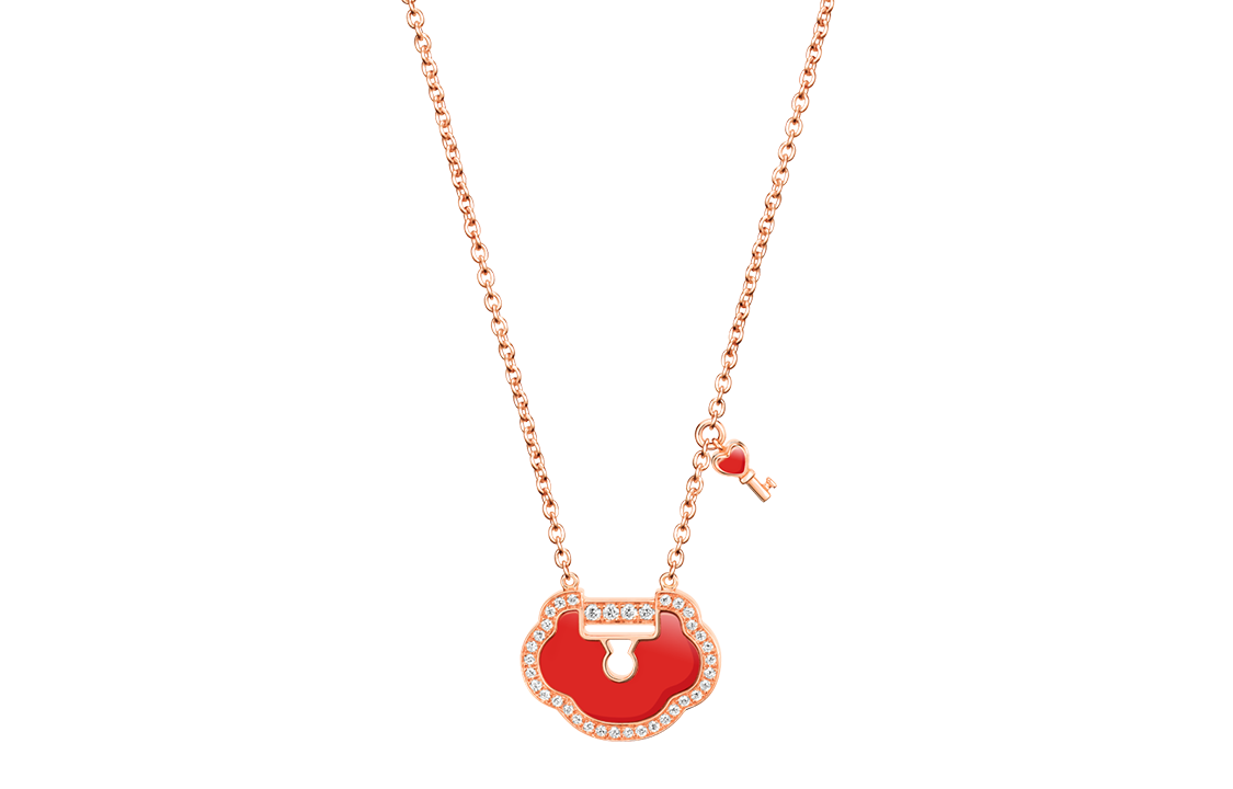 (Women) Qeelin Yu Yi Diamond Red Agate 18K Rose Gold Necklace for Women. YYL-040-NL-RGDRA