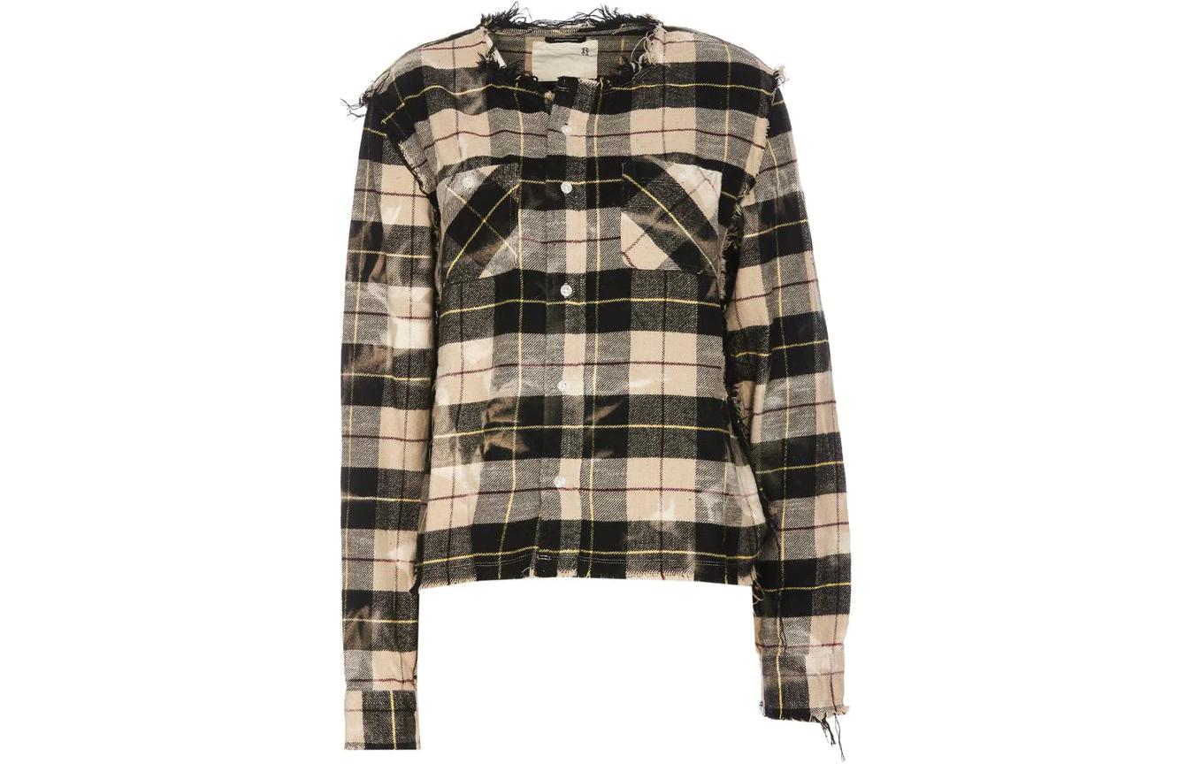 (Women) R13  Black Plaid Frayed Long-Sleeve Button-Up Shirt R13WR255R344B