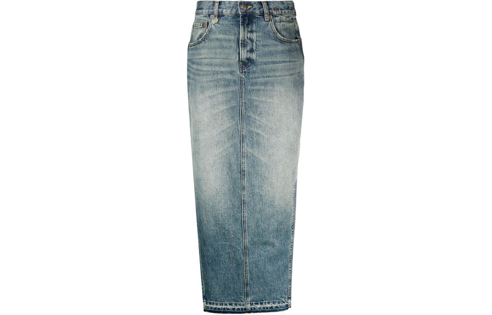 (Women) R13 FW23 Washed High-Waist Side-Slit Denim Maxi Skirt Women Indigo. R13WD102D173A