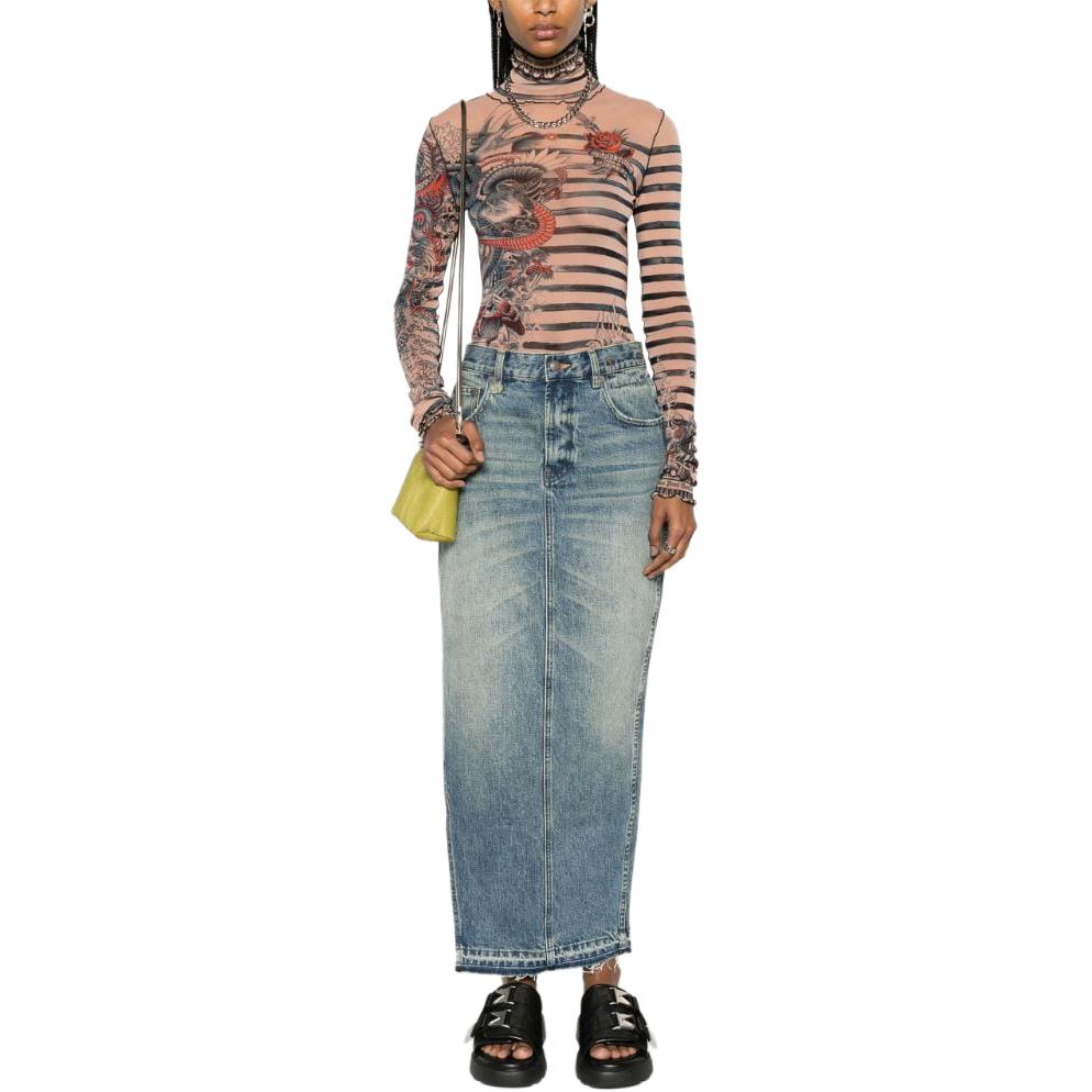 Lookbook (W) R13 FW23 女款高腰開衩水洗丹寧長裙 靛藍色. R13WD102D173A