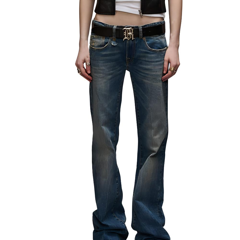 (Women) R13 FW24  Washed Straight-Leg Denim Jeans with Zippered Pockets Blue R13WD090-D081A