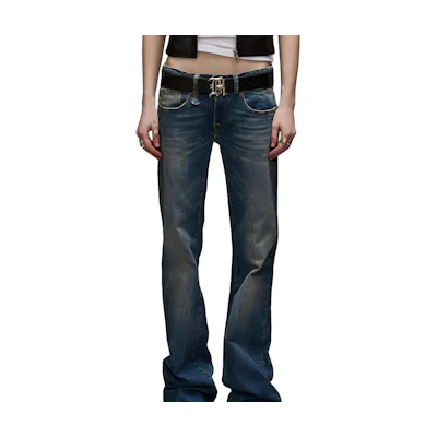 (Women) R13 FW24 Washed Straight-Leg Denim Jeans with Zippered Pockets Blue R13WD090-D081A