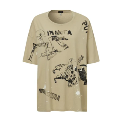 (Women) R13 FW24 Skull Letter Print Splatter Oversized T-Shirt Khaki Tee R13WK141-001UU