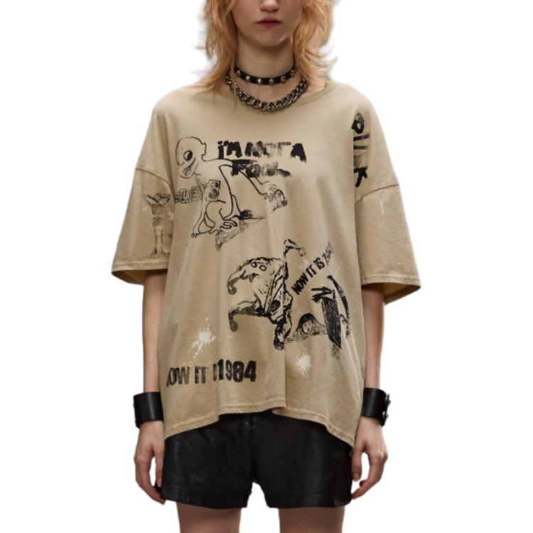 Shop (W) R13 FW24 骷髏字母印花寬鬆卡其色T恤 R13WK141-001UU