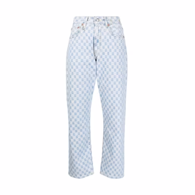 (Women) R13 SS22 Blue Plaid Boyfriend Straight-Leg Jeans. R13W5083D046ACHECKERBOARD