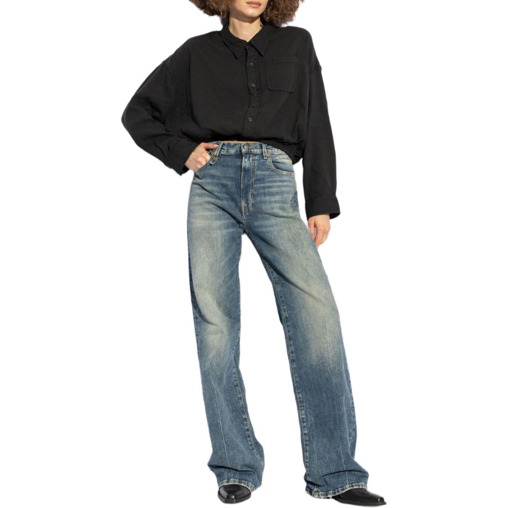 Lookbook (W) R13 SS24 黑色純色短版長袖襯衫附尖領。 R13WR269-R380B