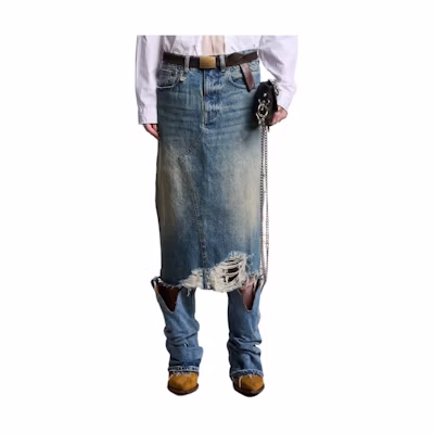 (Women) R13 SS24 Distressed Loose Fit Denim Long Skirt Clinton Blue R13WD100-D173D