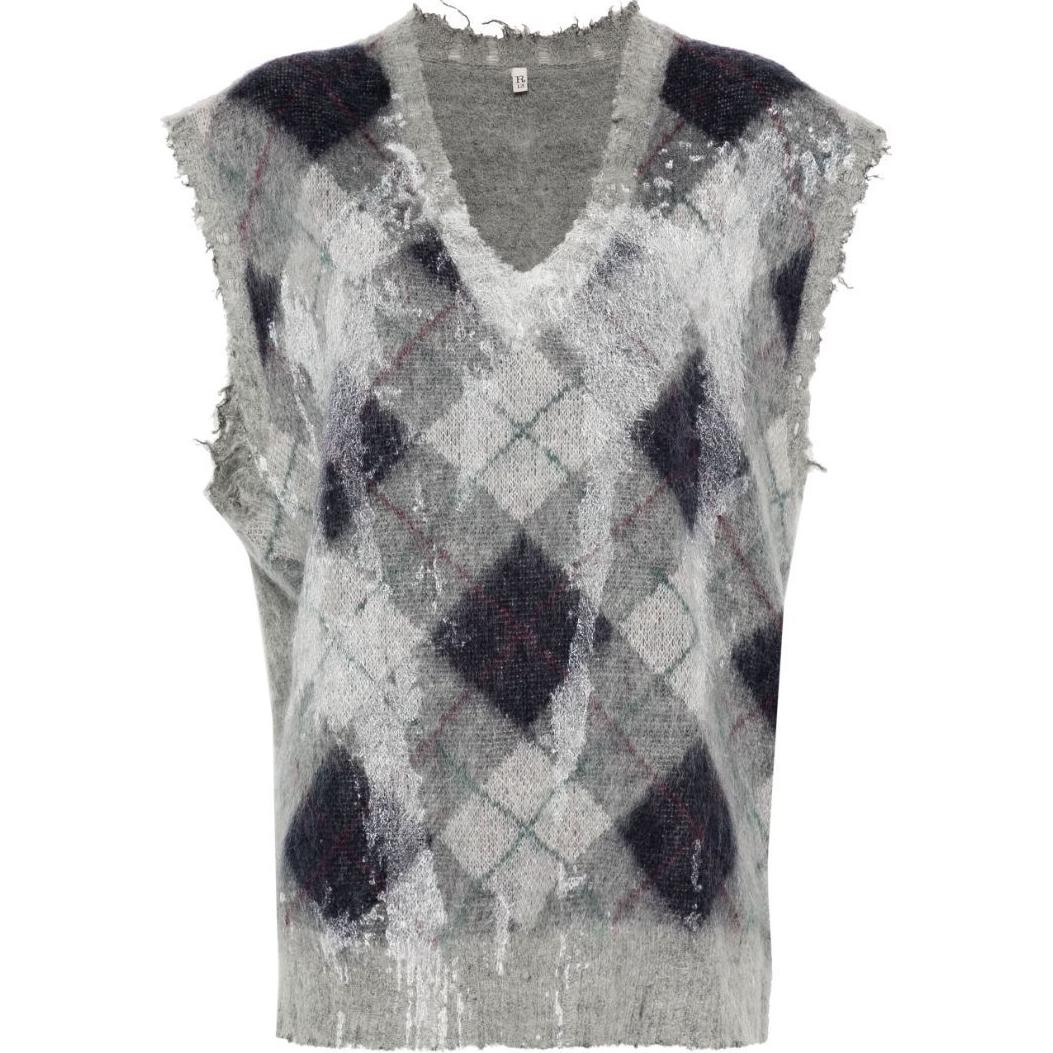 (Women) R13 SS24  Gray Distressed Argyle V-Neck Sleeveless Knit Top R13WY244Y058B