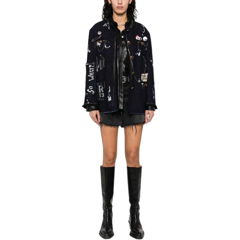 Lookbook (W) R13 SS24 Jaket Butang Biru Navy Corak Grafiti Huruf R13WD127D229A