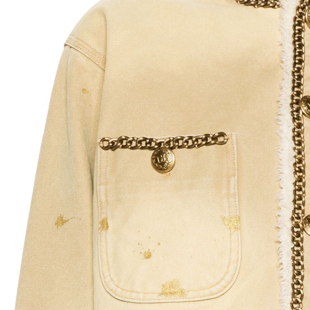 Sizing (W) R13 SS24 Jaket Pendek Longgar Khaki dengan Corak Percikan Cat. R13WD101