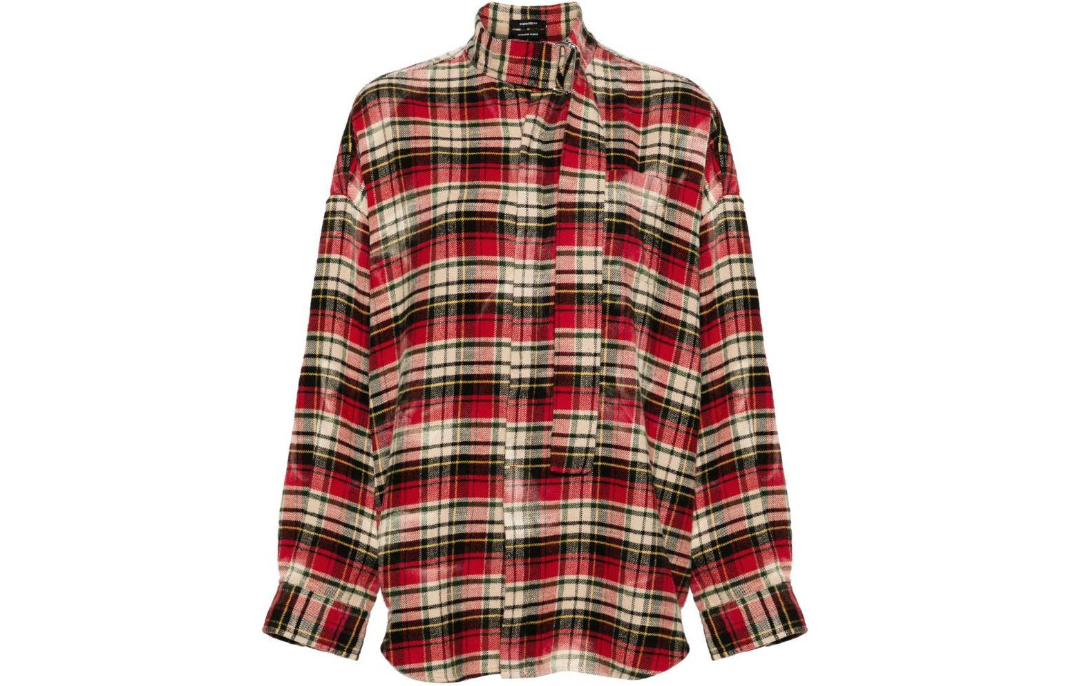 (Women) R13 SS24  Red Plaid Tie-Neck Button-Up Loose Fit Long Sleeve Shirt. R13WR237R343B