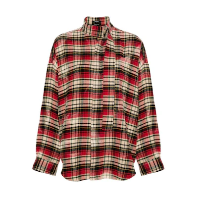 (Women) R13 SS24 Red Plaid Tie-Neck Button-Up Loose Fit Long Sleeve Shirt. R13WR237R343B