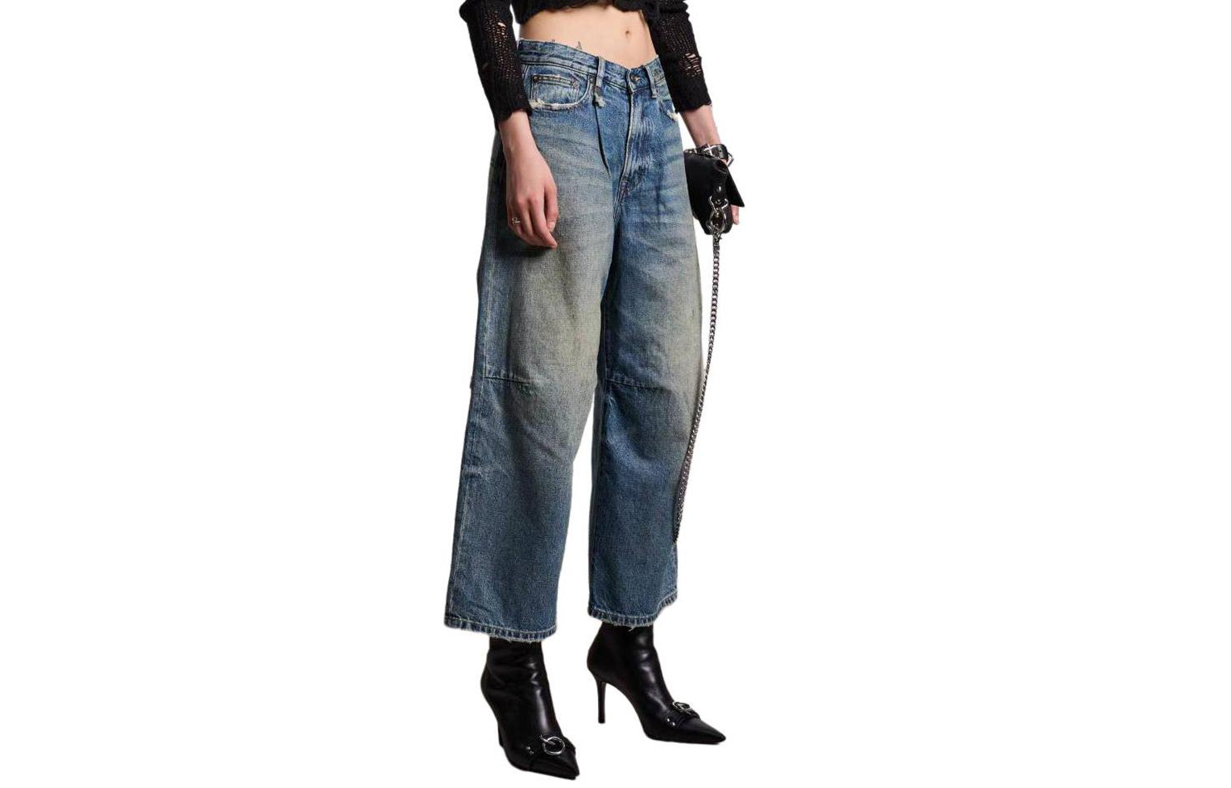 (Women) R13 SS24  Washed Vintage Loose Wide-Leg Cropped Jeans Clinton Blue. R13WD046-D173A