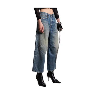 (Women) R13 SS24 Washed Vintage Loose Wide-Leg Cropped Jeans Clinton Blue. R13WD046-D173A