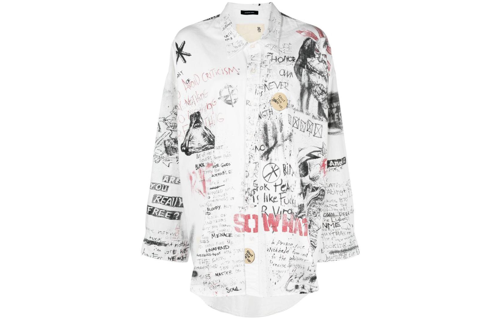 (Women) R13 SS24  White Sketch Print Button-Up Long-Sleeve Shirt R13WR004R316B