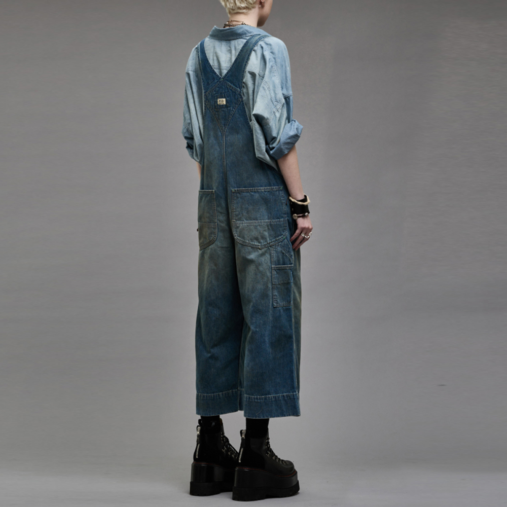 Sizing (W) R13 SS24 女士寬褲版復古牛仔吊帶褲 威爾頓藍色。 R13WD115D205A