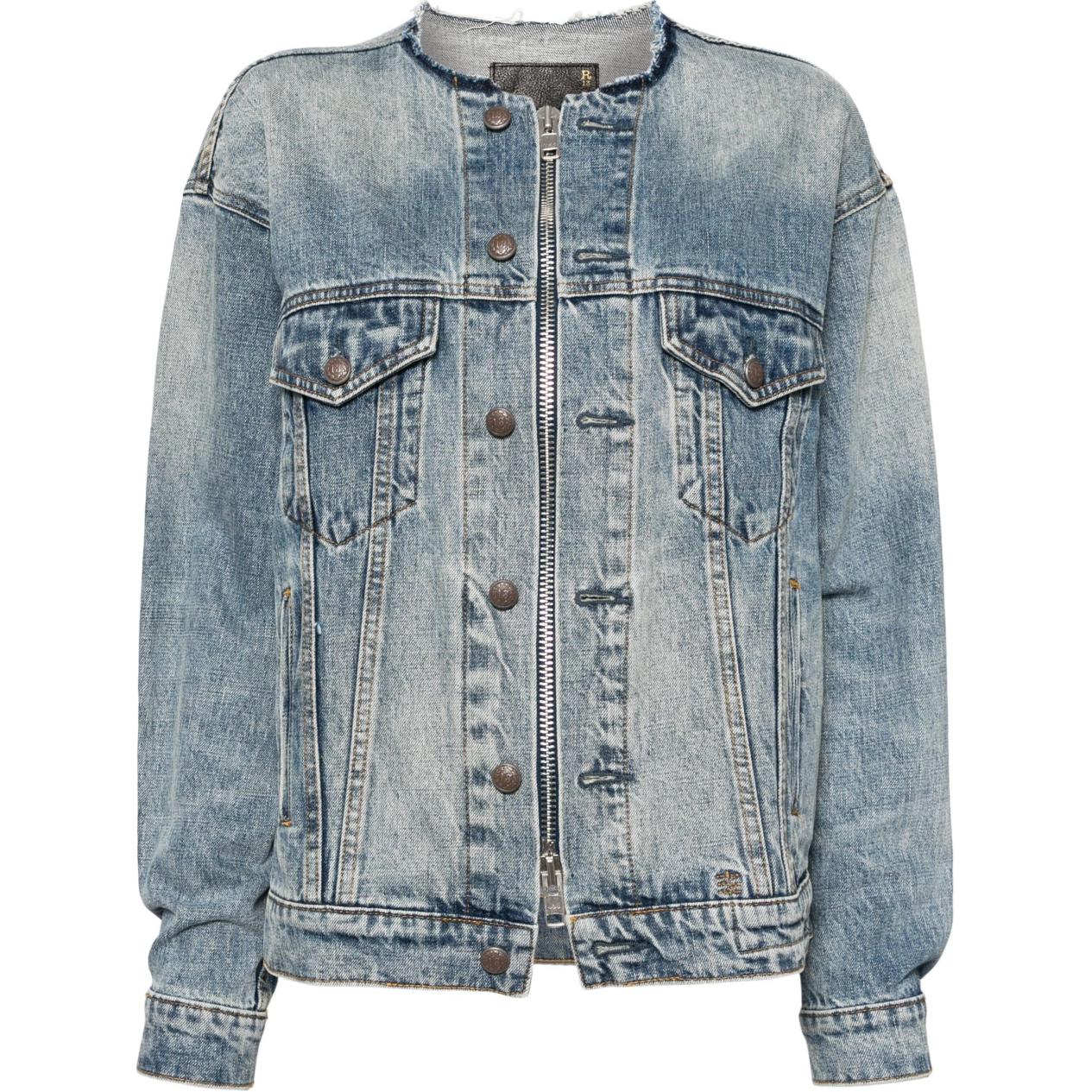 (Women) R13 SS24 Wax Blue Collarless Cotton Zip-Up Denim Jacket  Long Sleeve R13WD125