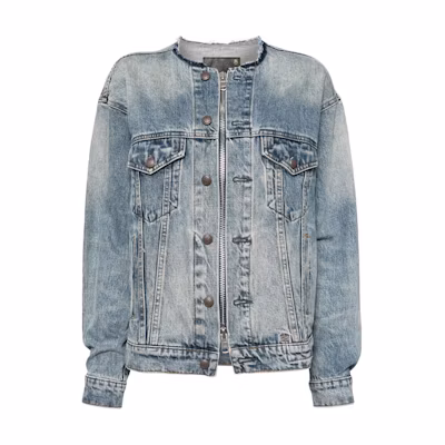 (Women) R13 SS24 Wax Blue Collarless Cotton Zip-Up Denim Jacket Long Sleeve R13WD125