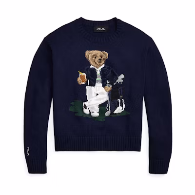 (Women) Ralph Lauren Bear Intarsia Knit Sweater FW24 Navy Blue Pullover. WMXGSWENC020056-410