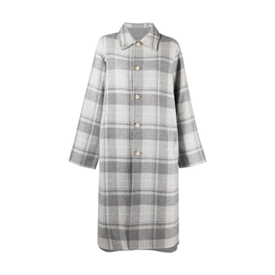 (Women) Ralph Lauren FW22 Plaid Single-breasted Long Loose Jacket Women Grey 211874949-001