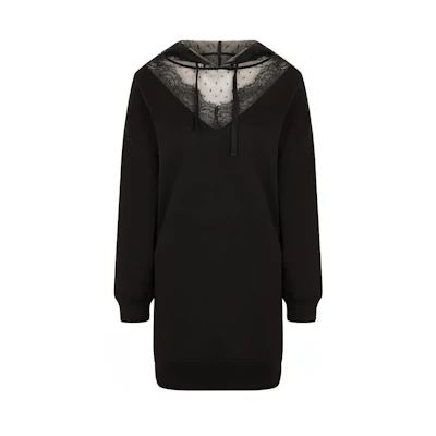 (Women) RED VALENTINO FW21 Black Lace Patchwork Hoodie Long Sleeve Sweater WR3MF07Y625-0NO