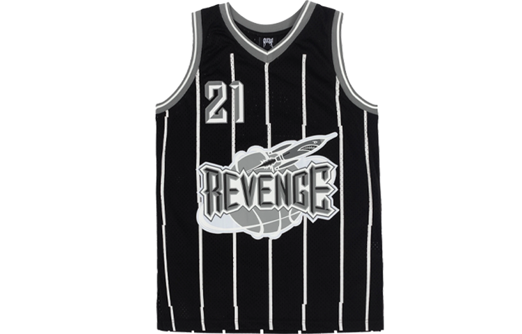 Revenge Black Jersey Embroidered Striped Basketball Tank Top Black. REVE-JS002-BLACK