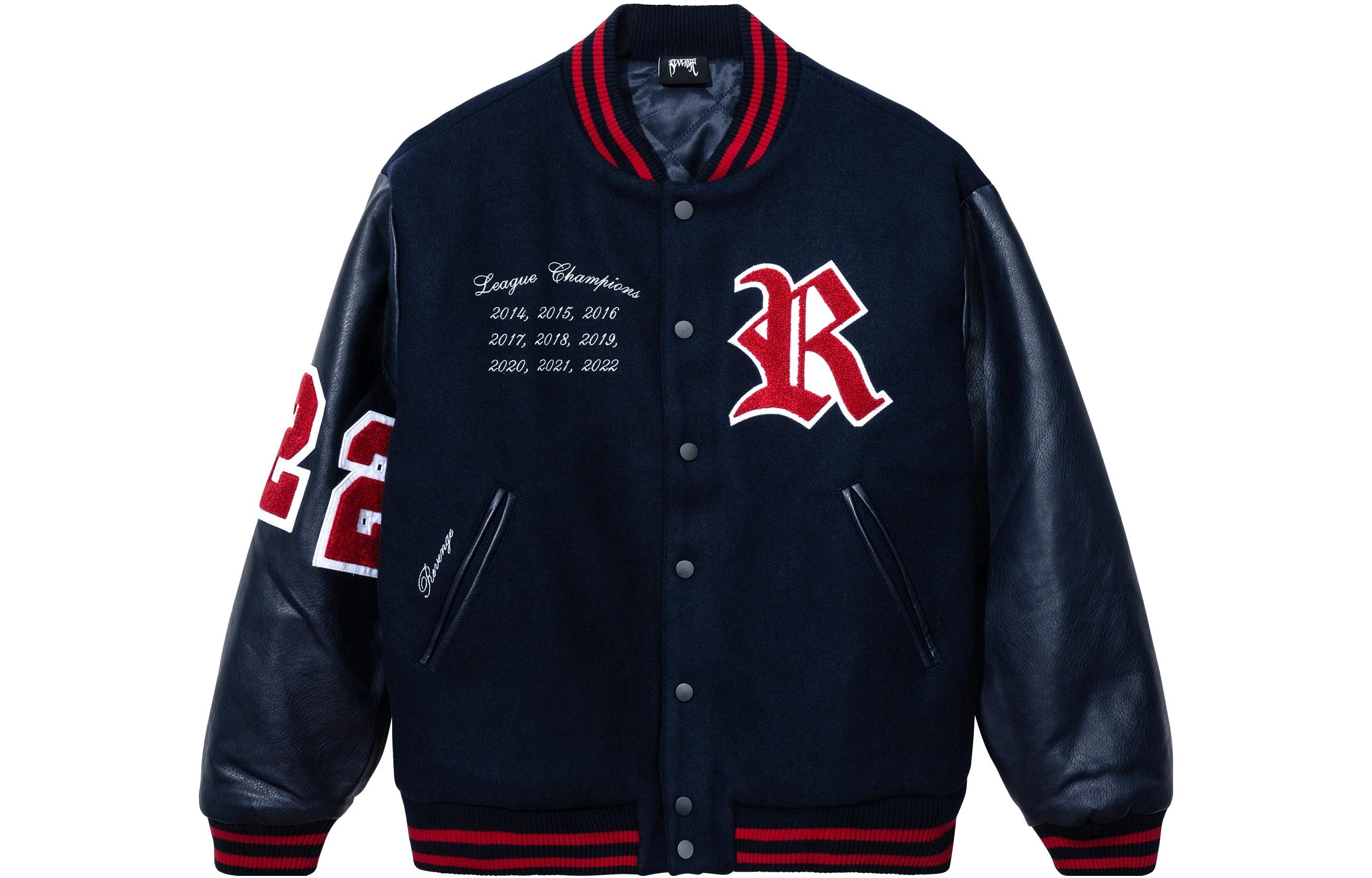 Revenge Embroidered Lettering Navy Blue Long-Sleeve Baseball Jacket Mens. ROTTVARS-JKT-NVY