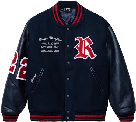Revenge Embroidered Lettering Navy Blue Long-Sleeve Baseball Jacket Mens. ROTTVARS-JKT-NVY Buy Revenge Embroidered Lettering Navy Blue Long-Sleeve Baseball Jacket Mens. ROTTVARS-JKT-NVY