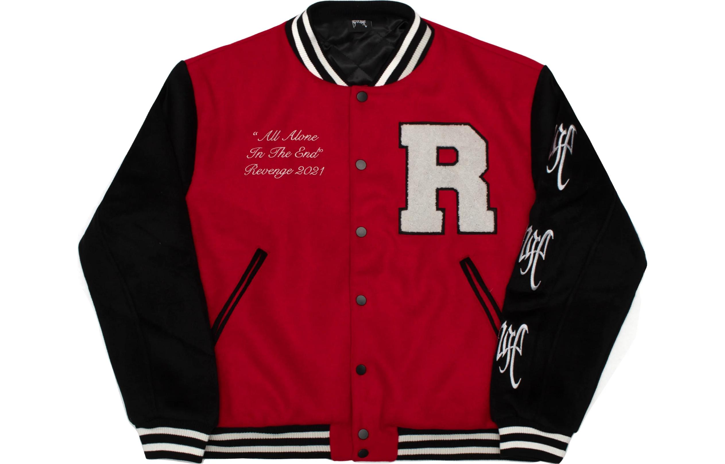 Revenge Embroidered Lettering Red Button-Up Baseball Jacket Long Sleeve EMBVARS-JKT-RED
