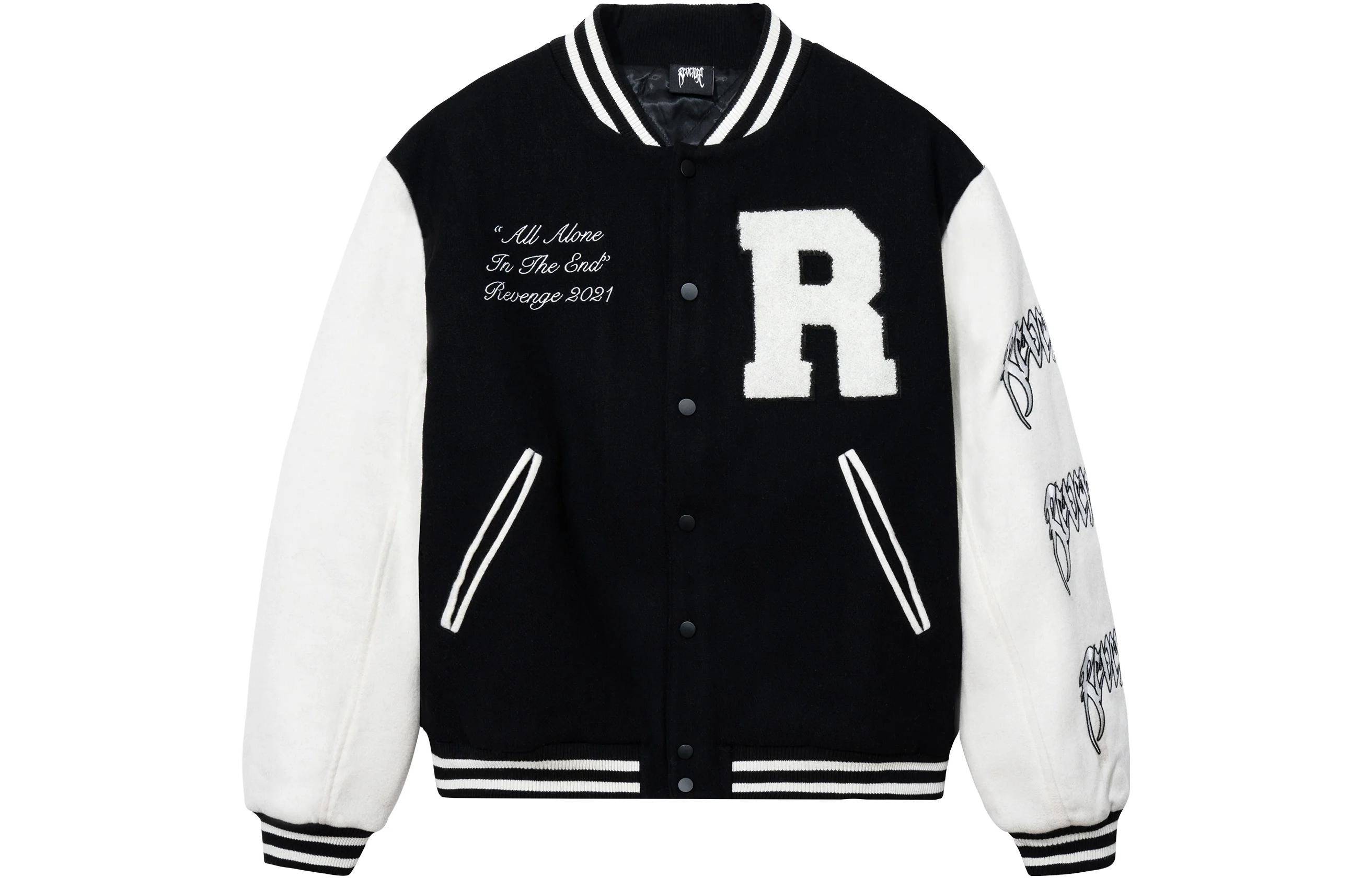 Revenge White Embroidered Letter Graphic Button-Up Baseball Jacket (). EMBVARS-JKT-BLK