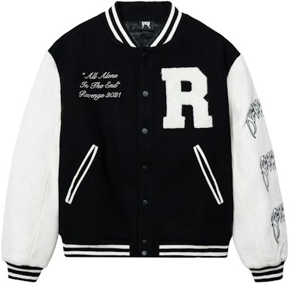 Revenge White Embroidered Letter Graphic Button-Up Baseball Jacket (). EMBVARS-JKT-BLK Buy Revenge White Embroidered Letter Graphic Button-Up Baseball Jacket (). EMBVARS-JKT-BLK