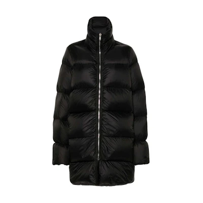 (Women) RICK OWENS Black Long Puffer Coat with High Collar and Zipper. RP02D3767NPD3-09