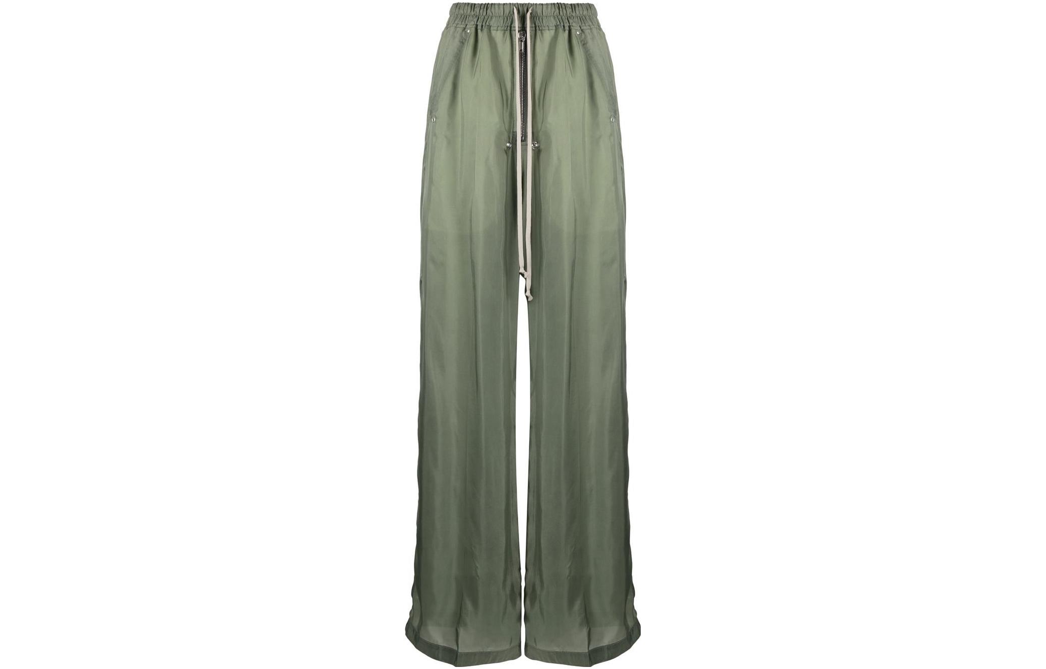 (Women) RICK OWENS  Pleated Wide-Leg Drawstring Pants Olive Green. RP01C5361J55