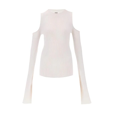 (Women) Rick Owens White Slim-Fit Off-Shoulder Pullover Sweater. RP01D2611RIBM-11