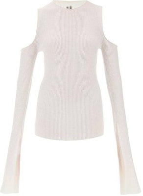 (Women) Rick Owens White Slim-Fit Off-Shoulder Pullover Sweater. RP01D2611RIBM-11 Order (Women) Rick Owens White Slim-Fit Off-Shoulder Pullover Sweater. RP01D2611RIBM-11