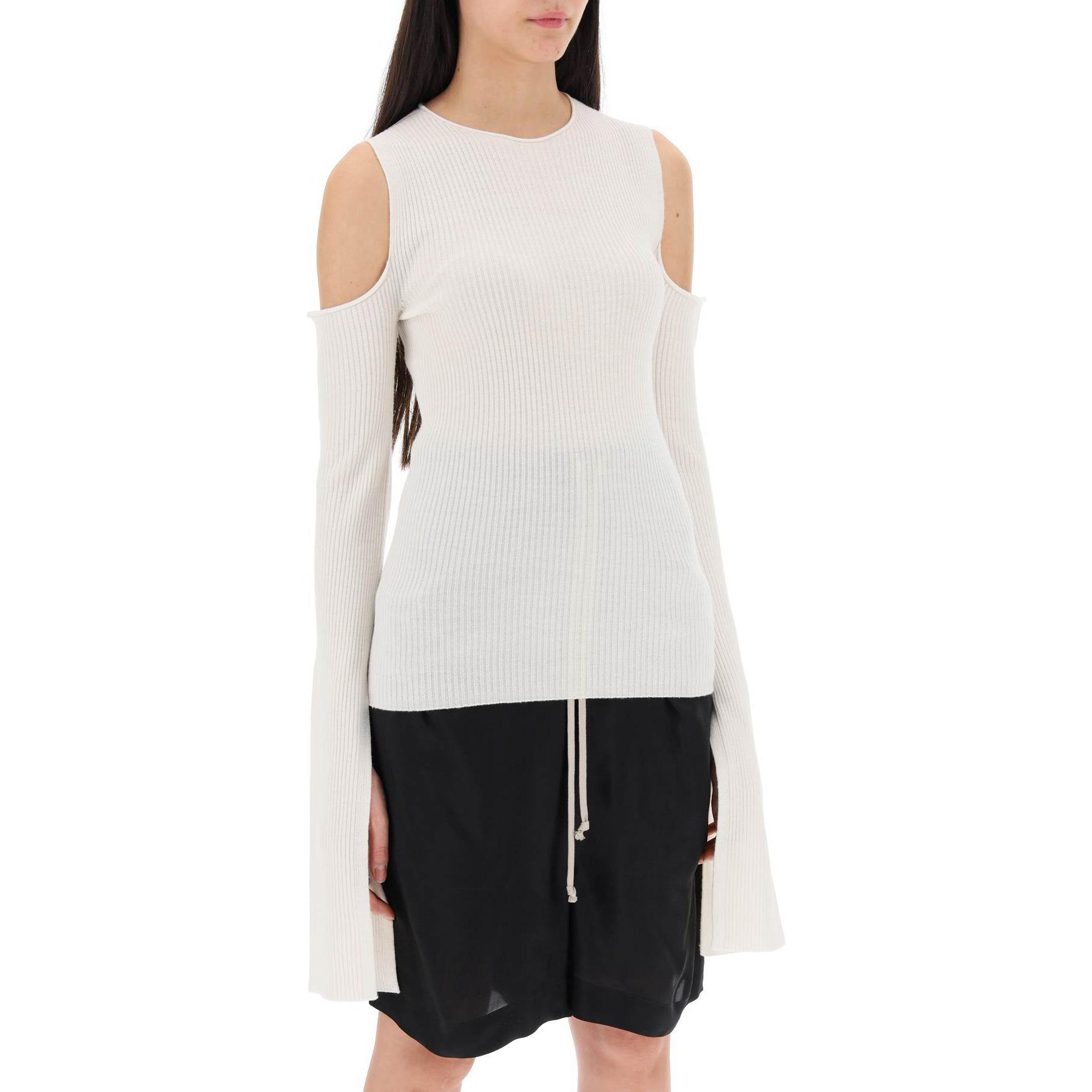 Lookbook (Women) Rick Owens  White Slim-Fit Off-Shoulder Pullover Sweater. RP01D2611RIBM-11