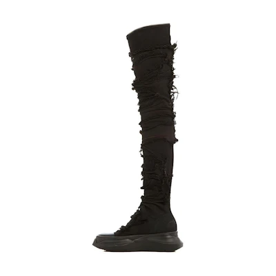 (W) Rick Owens DRKSHDW Gethsemane Stretch Abstract Stocking Boots 'Black Destroy Denim'