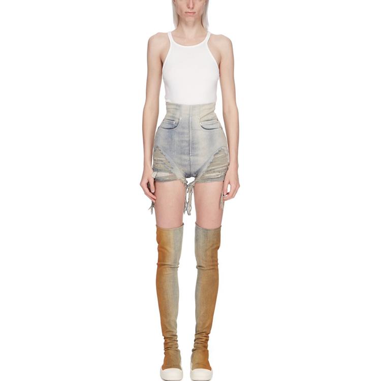 Shop (W) Rick Owens DRKSHDW SS24 高腰毛边牛仔短裤 天蓝色（女款）。 DS01D1313SKYFR-46