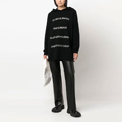 (Women) RICK OWENS FW22 Black Cashmere Hoodie with Letter Intarsia Design. RO02B6689-0908 Lookbook (Women) RICK OWENS FW22 Black Cashmere Hoodie with Letter Intarsia Design. RO02B6689-0908
