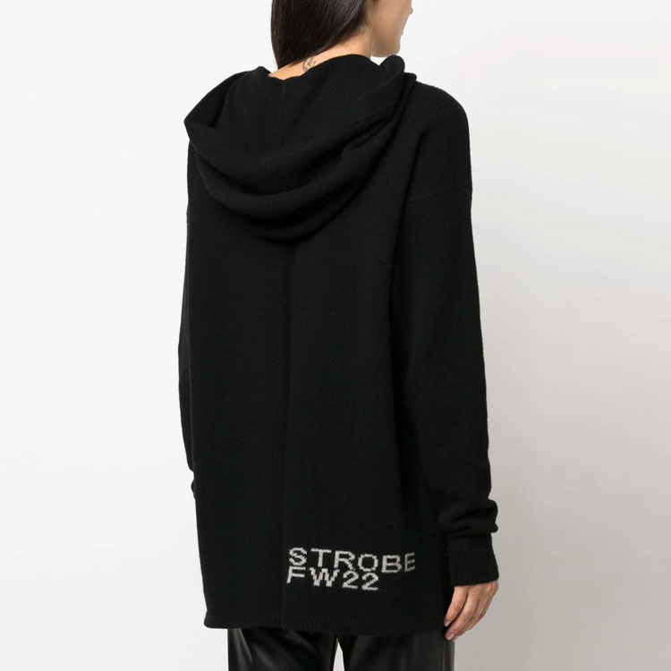 Shop (Women) RICK OWENS FW22  Black Cashmere Hoodie with Letter Intarsia Design. RO02B6689-0908