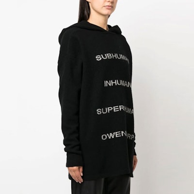 (Women) RICK OWENS FW22 Black Cashmere Hoodie with Letter Intarsia Design. RO02B6689-0908 Purchase (Women) RICK OWENS FW22 Black Cashmere Hoodie with Letter Intarsia Design. RO02B6689-0908