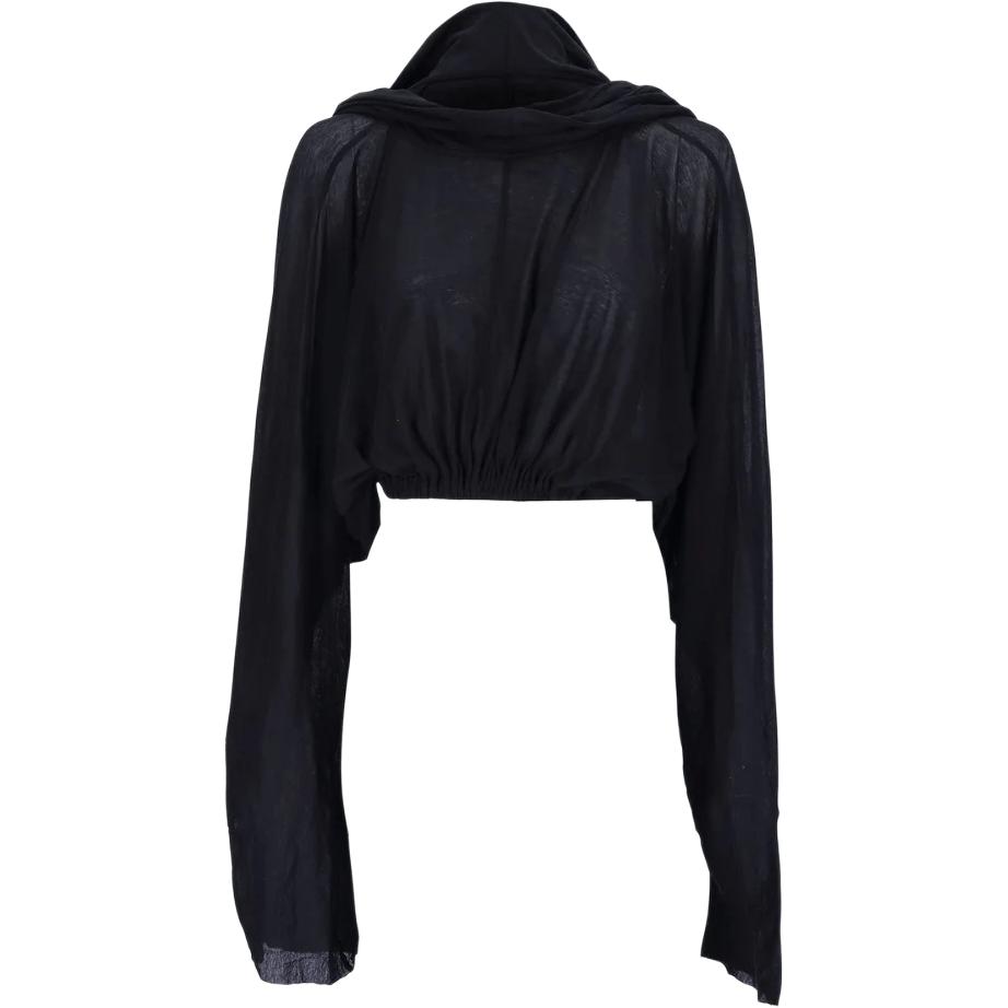 (Women) RICK OWENS RO  Black Short Hooded Long Sleeve Waist T-Shirt. RO01E7278UC-09
